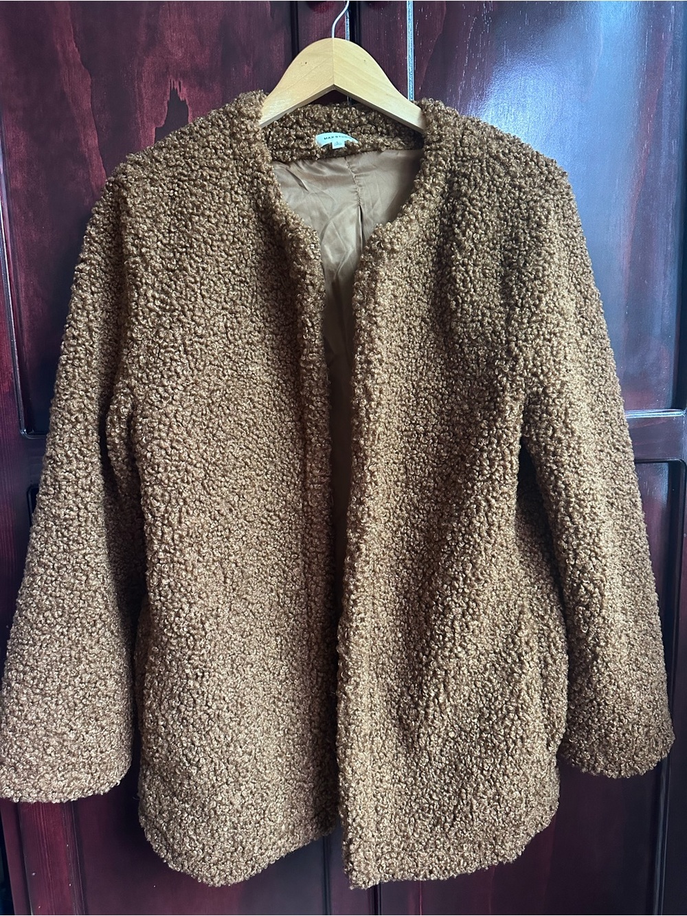 Max Studio Brown Teddy Curly Faux-Fur Jacket Coat Open Front